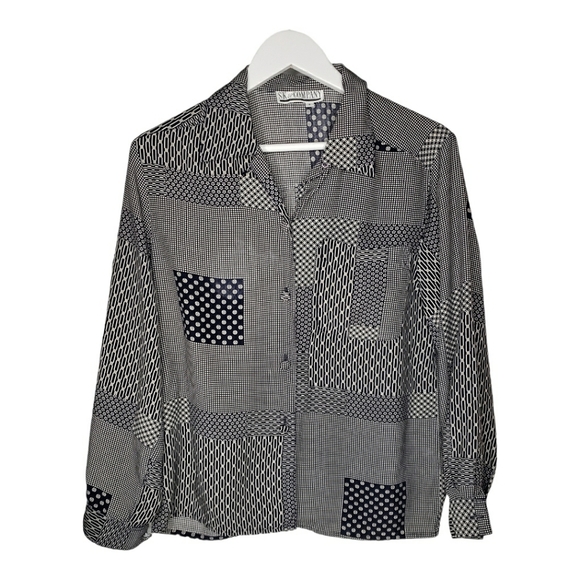 Vintage Mixed Print Covered Buttons 80's Y2K  Grandma Long Sleeve Blouse Size 8 - Picture 5 of 11